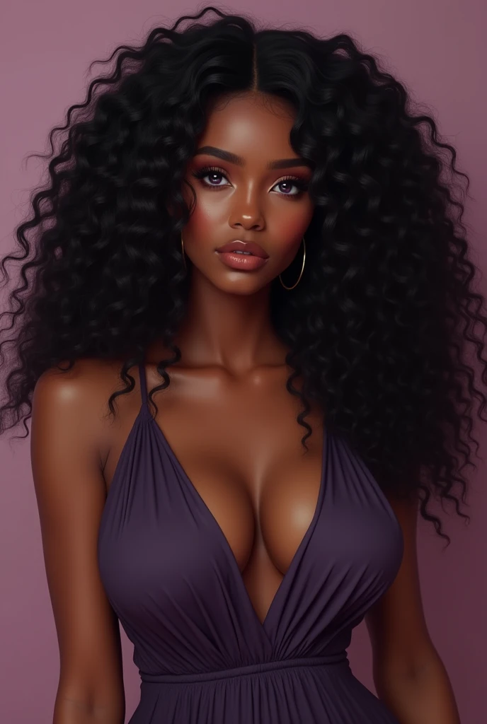 A woman with a dark skin,Purple eyes, long black curly hair, wearing a jumpsuit, big breasts