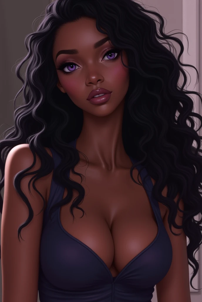 A woman with a dark skin,Purple eyes, long black curly hair, wearing a jumpsuit, big breasts