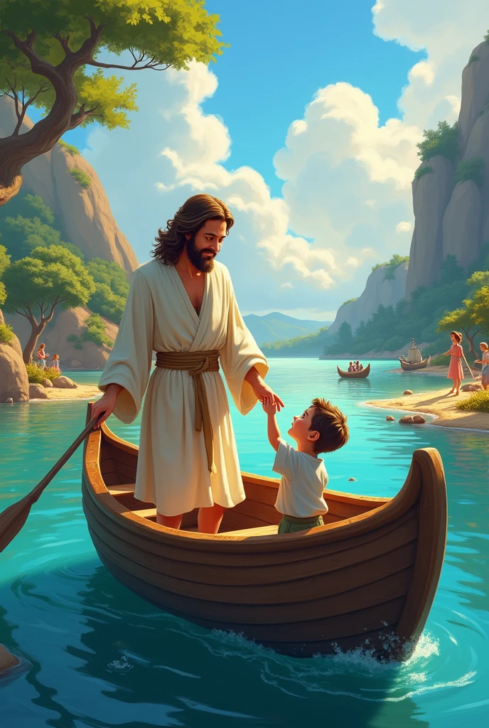 The calling of Peter, disciple of Jesus as a child on the Disney boat