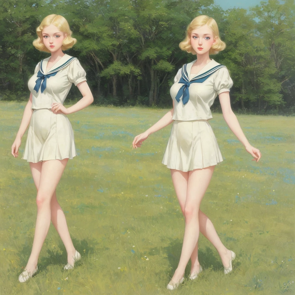 girl, 3 girls,group blonde, Green eyes, 1930s European style, high quality, full-body shot, , Big breasts, Long legs, height 170, beautiful legs, Sailor Suit, Short top and short skirt standing on the grassland, blue sky , delicate eyes, Delicate lips, Extremely detailed face, long eyelashes, elegant, beautiful, beauty, charming, Exquisite, Realism, 8k, best quality, masterpiece, Endless grassland