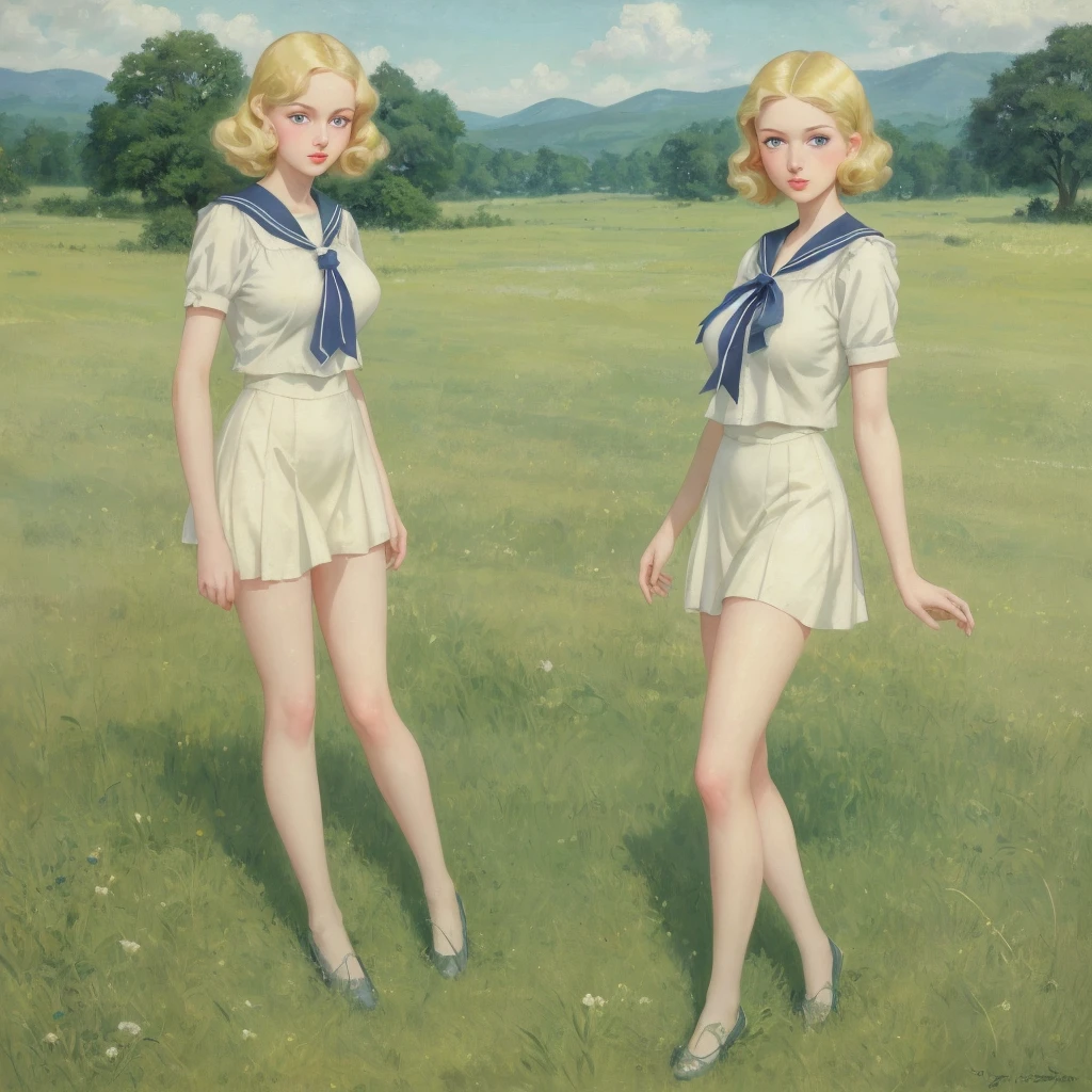 girl, 3 girls,group blonde, Green eyes, 1930s European style, high quality, full-body shot, , Big breasts, Long legs, height 170, beautiful legs, Sailor Suit, Short top and short skirt standing on the grassland, blue sky , delicate eyes, Delicate lips, Extremely detailed face, long eyelashes, elegant, beautiful, beauty, charming, Exquisite, Realism, 8k, best quality, masterpiece, Endless grassland