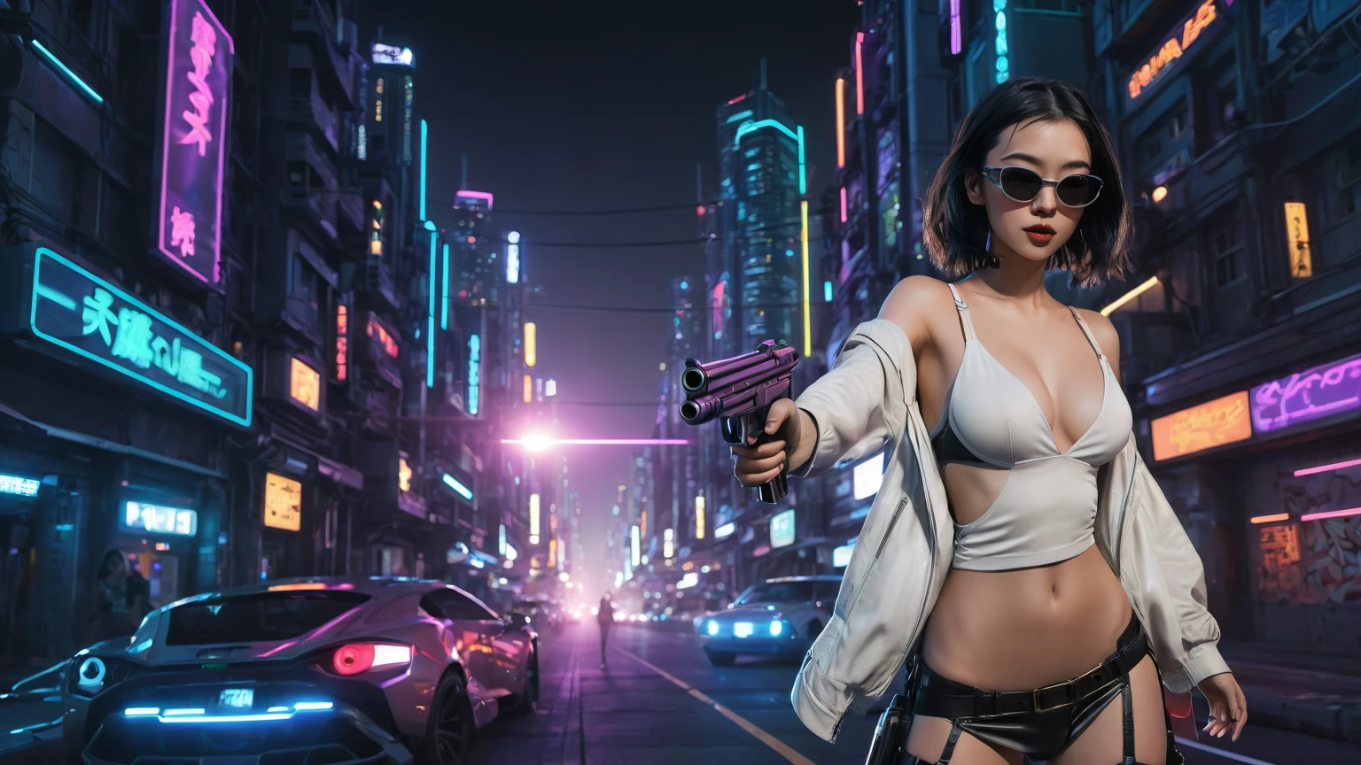 simple comic style cyberpunk city, line art background, flying cars, at night. (1girl, solo), photo realistic, medium-breast:1.3 slim body, cleavage, sling top, miniskirt, black sunglasses, holding a short gun, half-body thigh level medium shot, cinematic lighting, ray tracing.