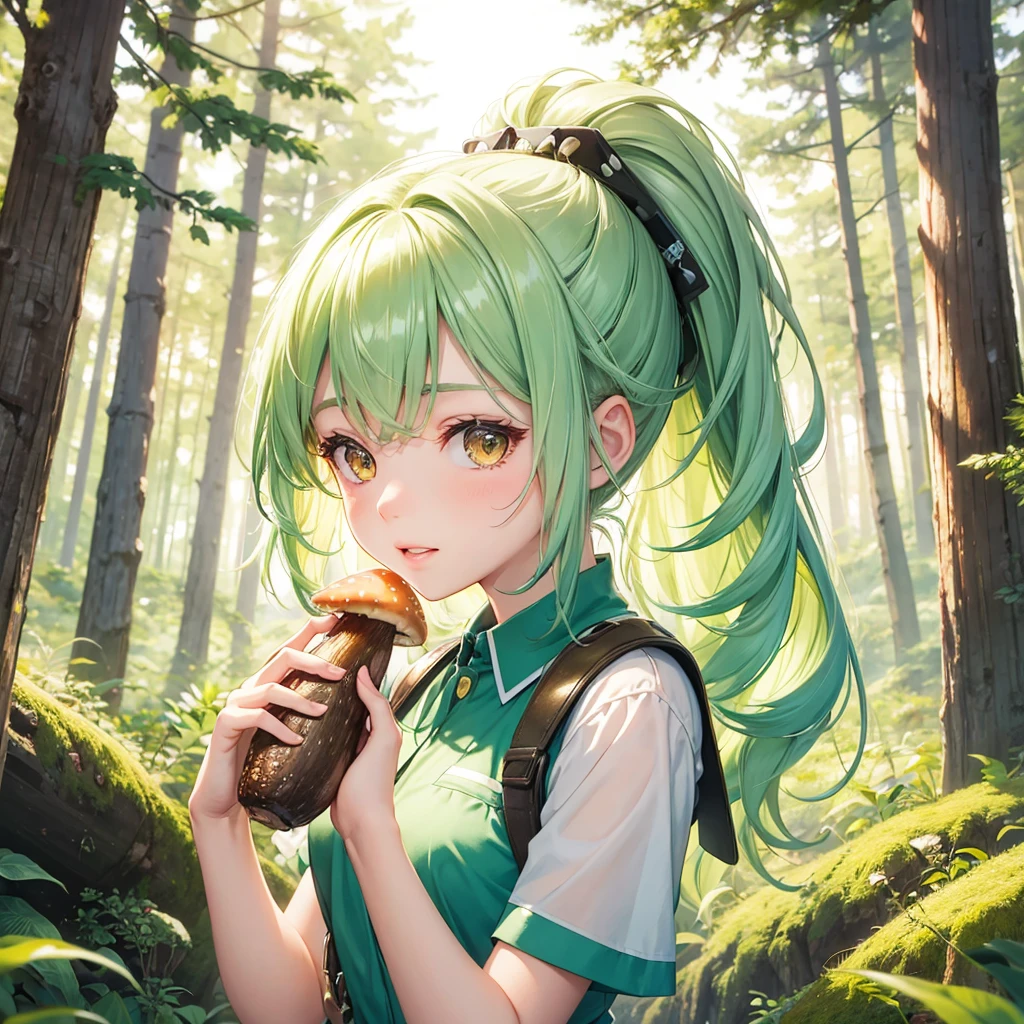 (Mountain Explorer style) (double exposure pastel color), (hand holding a detailed ecstasy brown Penis Shape mushroom), Smell the scent it, (solo:2, 15 yo) (beautiful ponytail) (beautiful pastel green hair long hair) (beautiful sexy girl) (detailed cute yellow eyes) (best smile, glossy lip) (medium tits), in a summer Speculator uniform, break, in the beautiful Pine forest, BREAK, perfect anatomy, masterpiece, best quality, 16k, beautiful detailed grow, daydreaming expression.