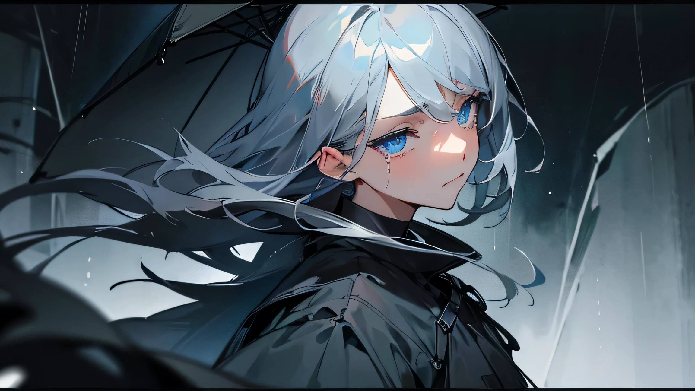 Back view、Turning face、Tears、A hollow look of anger、Gray hair blue eyes、Slightly burnt black clothing、Dark rainy country road。masterpiece, best quality, detailed beautiful face and eyes,detailed beautiful face,and eyes