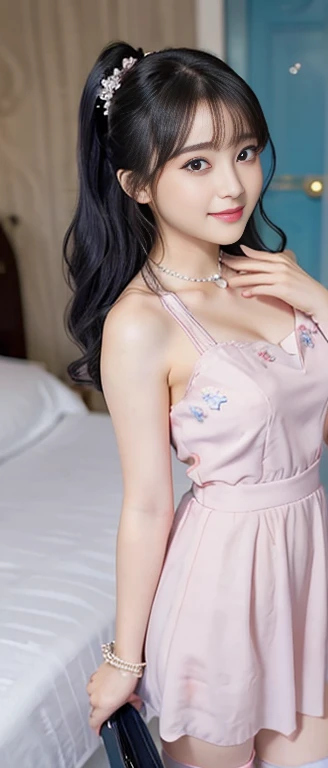 Beautiful, cute , 17 Years lolita Girl, blue eyes, high ponytail hair, black hair, hair ornaments, wearing sexy pink mini kebaya dress, micro skirt, Rounded medium Breast, cleavage cutout, slightly Chubby , luxury necklace, White Skin, Smiling, bedroom Background, full body portrait, high heels, Perfect Potrait, Bokeh Effect, Look at Viewer, Armpit, Perfect Eye, Perfect Hand, Perfect Finger, Bracelet, Ring, ((adorable:1.2)), ((masterpiece:1.1)), ((bokeh:1.2)),two 18 year old tween girls trying on cute clothes, two close friends, colored hair, collar, skinny body, detailed pupils, beautiful face, perfect faces like young asian models, tattoo, touching each other, back straps, innocent expression, enticing, full body showing legs, garter with stockings, good lighting, high heels, cute glasses, kawai cosplay girls, strapped colored dresses with cutouts slits, bright playful, thin model, cute young teen girls