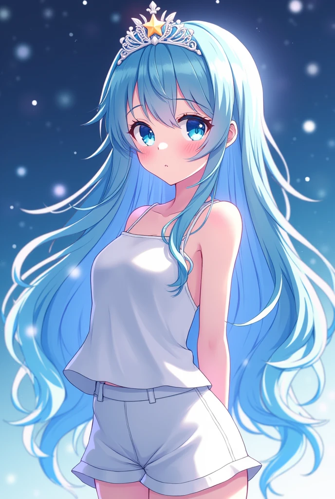 Create a girl with light cyan hair with a mix of dark blue, wearing a white tiara with a star, wearing a white tank top with white shorts dm anime version