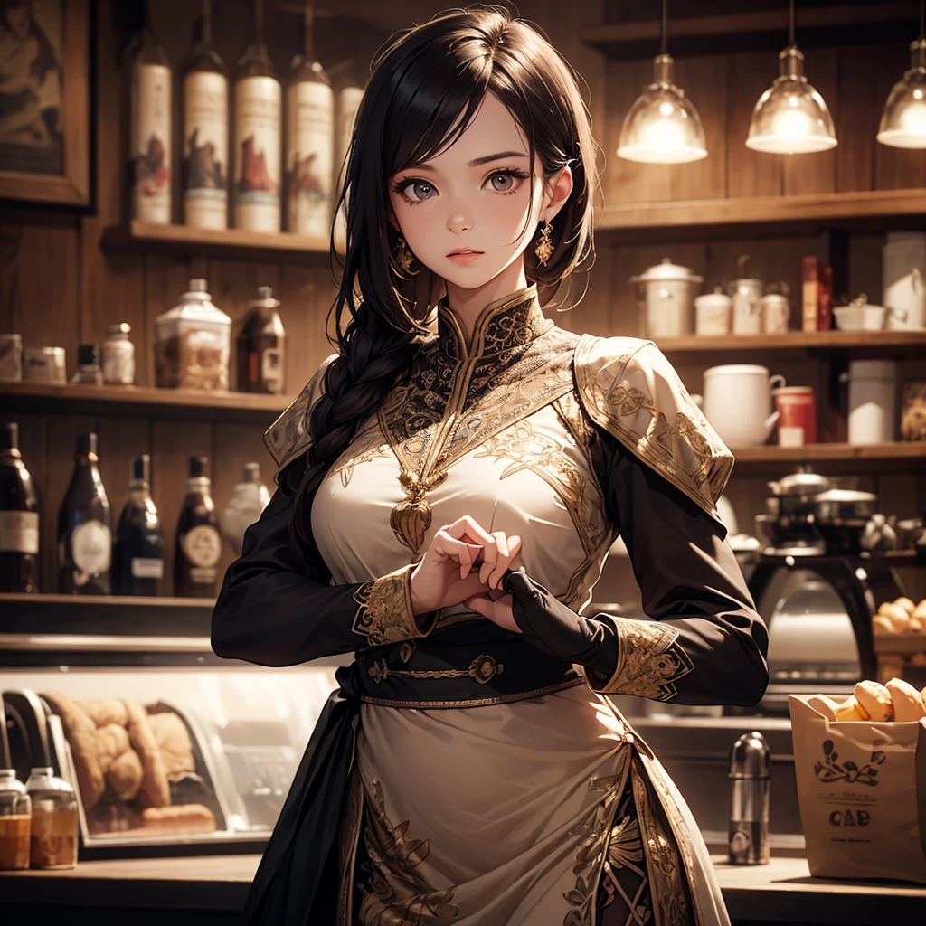 CG, Unity, 8k, wallpaper, Highest quality, masterpiece, Lovely lady, 18-year-old, (Realistic:1.2), Best lighting, Complex pupil, Intricate weaving, Detailed Background,(Barista 1.5),Transparent sleeves、For battle、(Delicate clothing with intricate patterns and decorations),A composition that shows the whole body,One Woman、(Battle costume)
