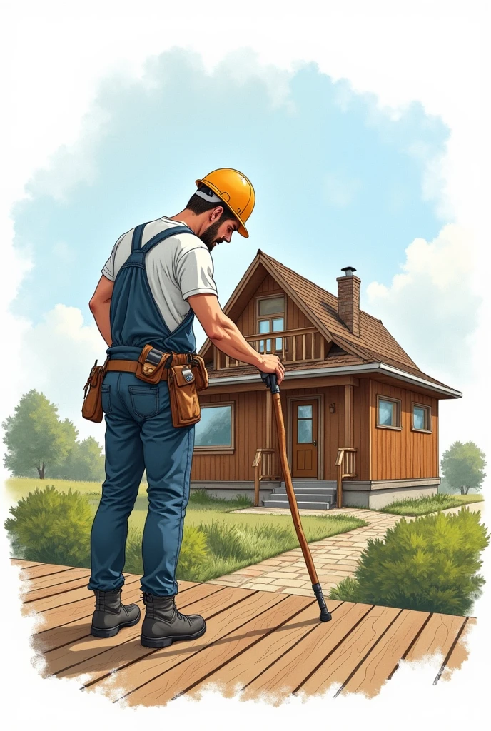 Draw a man wearing overalls and a helmet working on the roof of a modern wooden house.