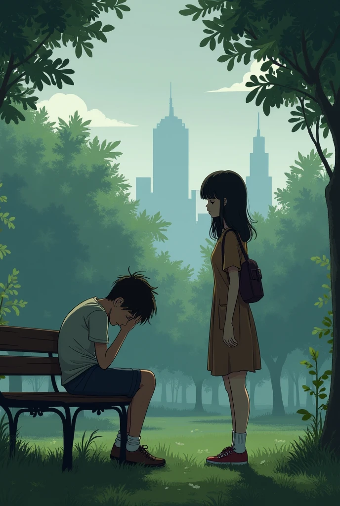 A small park on a cloudy afternoon. A young boy, RAM, sits on a bench, head bowed, looking distressed. His girlfriend, NITA, stands a few feet away, her expression a mix of sadness and resolve.
