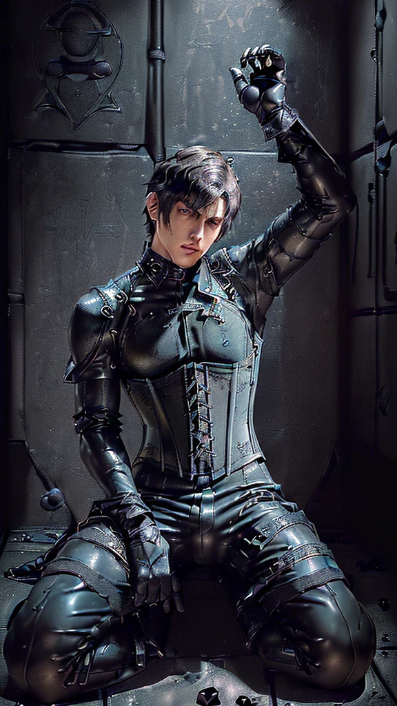 ((Final Fantasy taste reality graphics)), ((young, cute and cool ikemen boy)),,,his age is early 20s, thin eyebrows and beady eyes, ((((he is wearing black shiny thin and coverall latex catsuit with front zipped up)))),((((catsuit is long sleeve)))), ((((put on black shiny and coverall full finger latex glove on both hands)))),(((((catsuit,glove and corsets is very tight-fitting))))),,((black color long length leather knee-high boots)),((also put on leather corset, with many belts, girth,neck,and both wrists)),((neck collar corset is big, thick, and very long length)),((dont show finger)),((boy is must no bare hands)),(((boy looking depressed ))),((((all clothes is smooth taxtrue)))),((boy is average height and weight medium build)),((((describe in a distant manner)))),((((boy in the prison room without windows)))),(((boy sitting on the floor, curl up and holding your knees)))