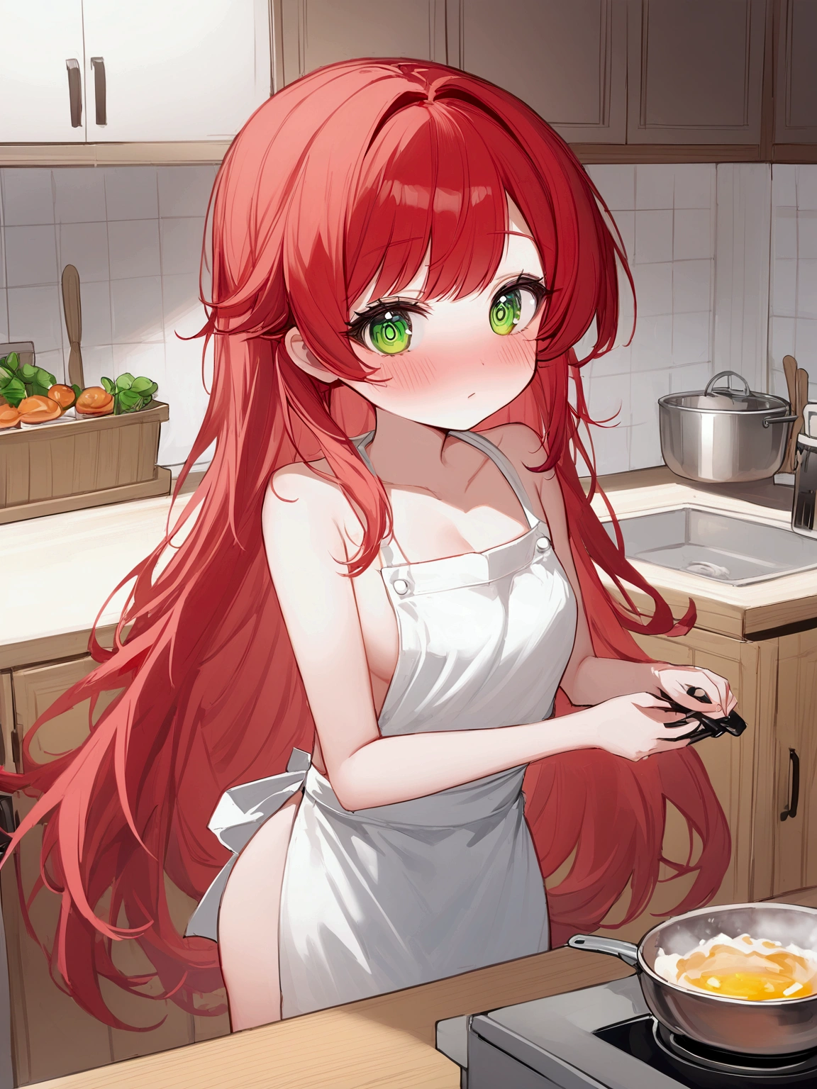 (high qualiy, Breathtaking),(expressive eyes, face perfect), 1Kizi, Kizi, standing alone, 小柄, young Kizi, long hair, red hair, green eyes, Jumpy,without clothes underneath, cooking apron, Kitchen background , focus for camera , blushed, washing dishes , a little upright 