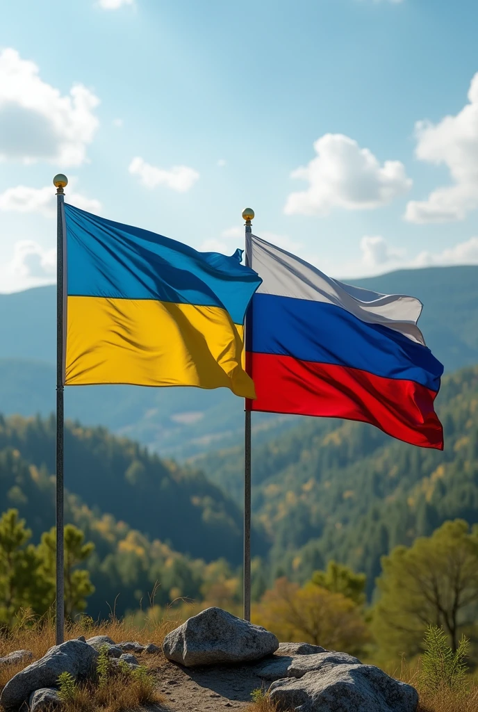 create realistic image of Ukraine and Russia flags on Ukrainian area