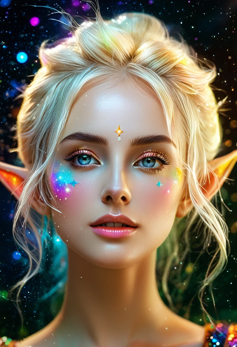 high quality, 8K Ultra HD, Surreal portrait of a stunning woman.
A masterpiece of ultra-fine detail, Dynamic, Good quality,Liquor_dark,Elf portrait made of colorful stars,Pointy Ear Elf,Starlight Skirt,blond,Water splash