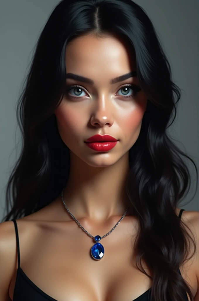 Make the creation of a beautiful woman, with straight raven hair, dark blue eyes, dark skin, red lips, and on her neck she wears a necklace with a sapphire gem