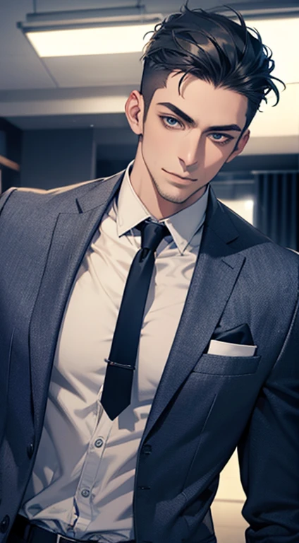 (best quality,4k,8k,highres,masterpiece:1.2),ultra-detailed,(realistic,photorealistic,photo-realistic:1.37),1 man,31 years old,mature man,very handsome,without expression,smile,short blue hair,blue eyes,penetrating gaze,perfect face without errors,imposing posture,businessman,office background,cinematic lighting,hdr image