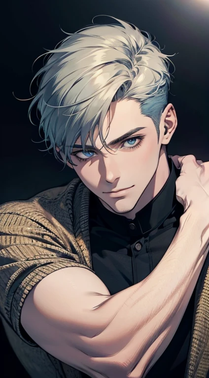 (best quality,4k,8k,highres,masterpiece:1.2),ultra-detailed,(realistic,photorealistic,photo-realistic:1.37),1 man,31 years old,mature man,very handsome,without expression,smile,short blue hair,blue eyes,penetrating gaze,perfect face without errors,imposing posture,businessman,office background,cinematic lighting,hdr image