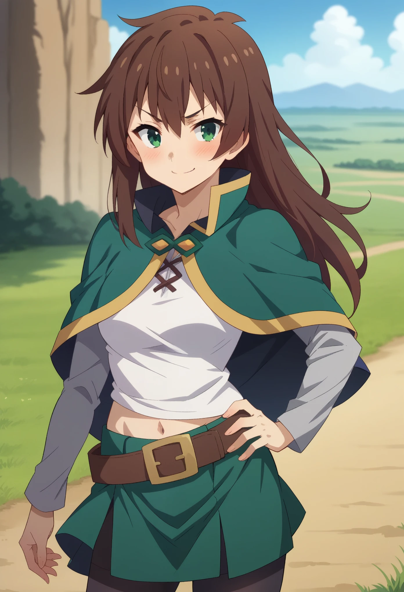 score_9, score_8_up, score_7_up, 1girl, solo, (female:1.5), female focus, female body, kazuma satou, long hair, brown hair, green eyes,shirt, long sleeves, white shirt, belt, green skirt, short skirt, black pantyhoses, navel, capelet, brown belt, hand on hip, standing, perverted face, smirk, white underwear, blushing, looking at you, landscape, centered image,
