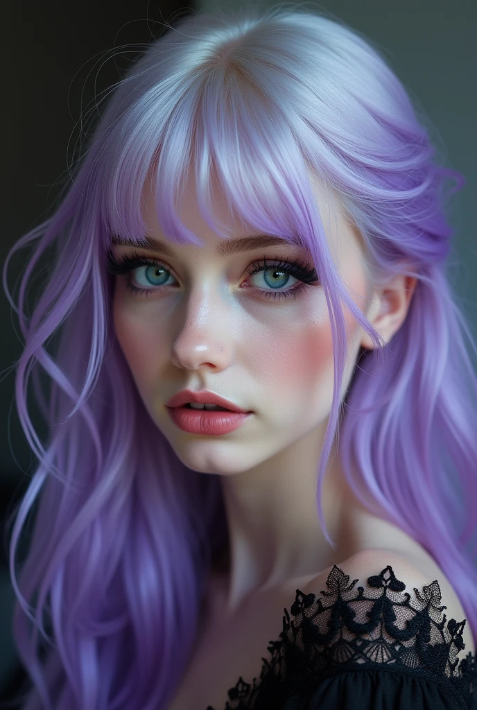realistic, vampy dark makeup, smokey eyelinder, ,Exquisite girl, porcelain pale skin, light blue eyes, vivid purple hair,gorgeous,high resolution,极high resolution,,Adding details,Clarity Enhancement,Detail Enhancement,Silver Hair,Divine Light