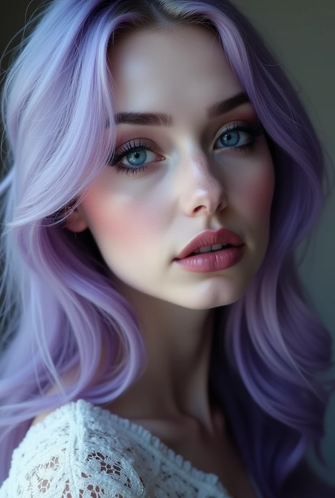realistic, vampy dark makeup, smokey eyelinder, ,Exquisite girl, porcelain pale skin, light blue eyes, vivid purple hair，gorgeous，high resolution，极high resolution，，Adding details，Clarity Enhancement，Detail Enhancement,Silver Hair,Divine Light