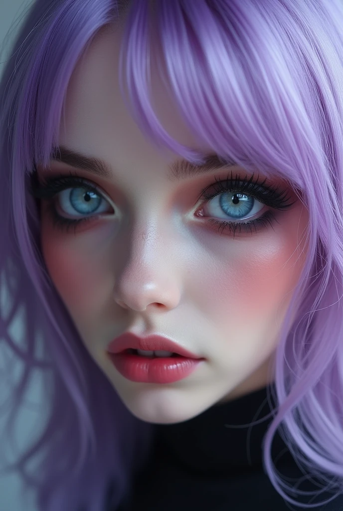 realistic, vampy dark makeup, smokey eyelinder, ,Exquisite girl, porcelain pale skin, light blue eyes, vivid purple hair，gorgeous，high resolution，极high resolution，，Adding details，Clarity Enhancement，Detail Enhancement,Silver Hair,Divine Light