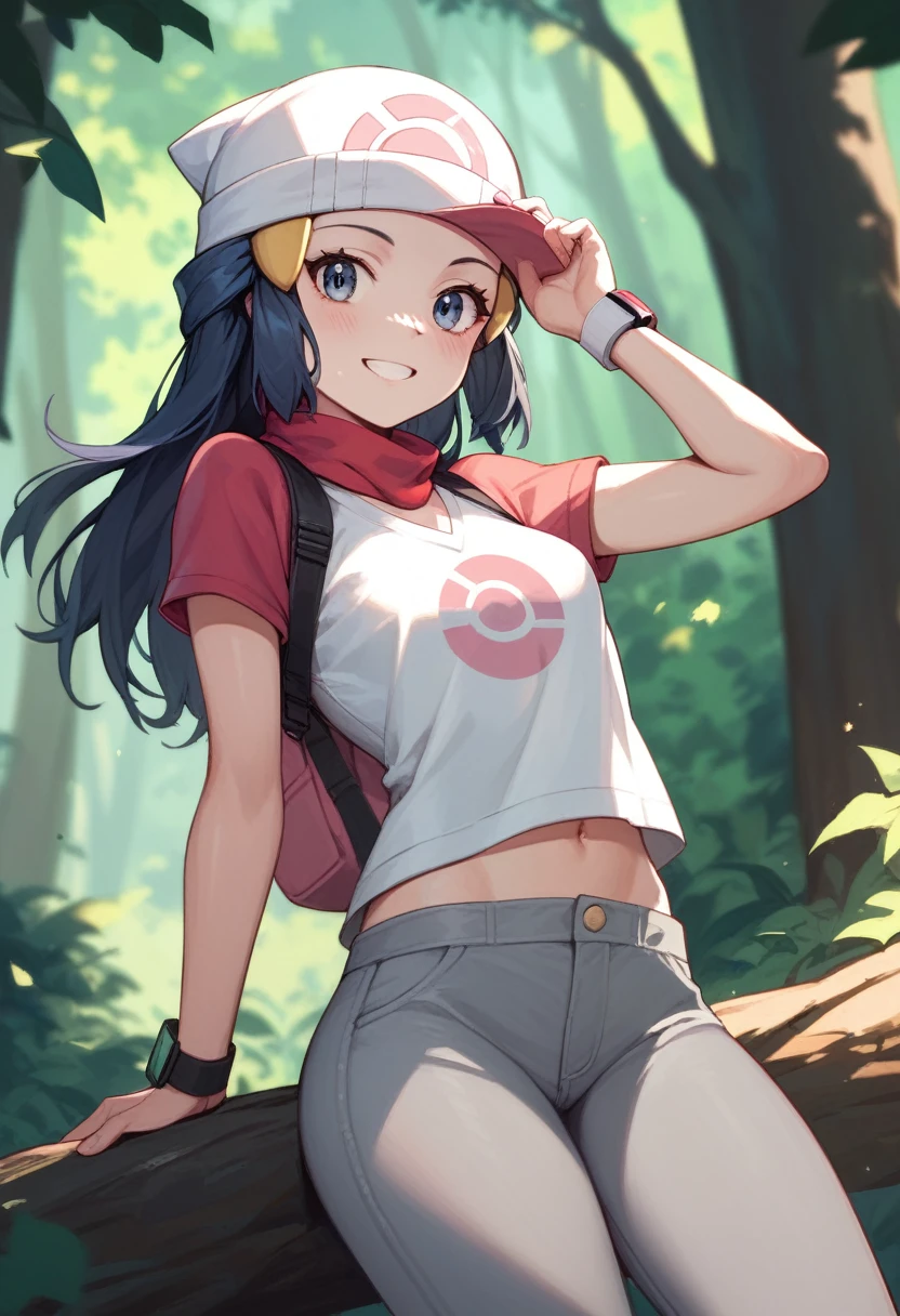 masterpiece, Best Quality, 1 girl, dawn \(Pokémon\), cap, by the wide, For the blue, blue eyes,Red Cap,blue t-shirt,gray pants smile, looking at the viewer, forest background,sexy