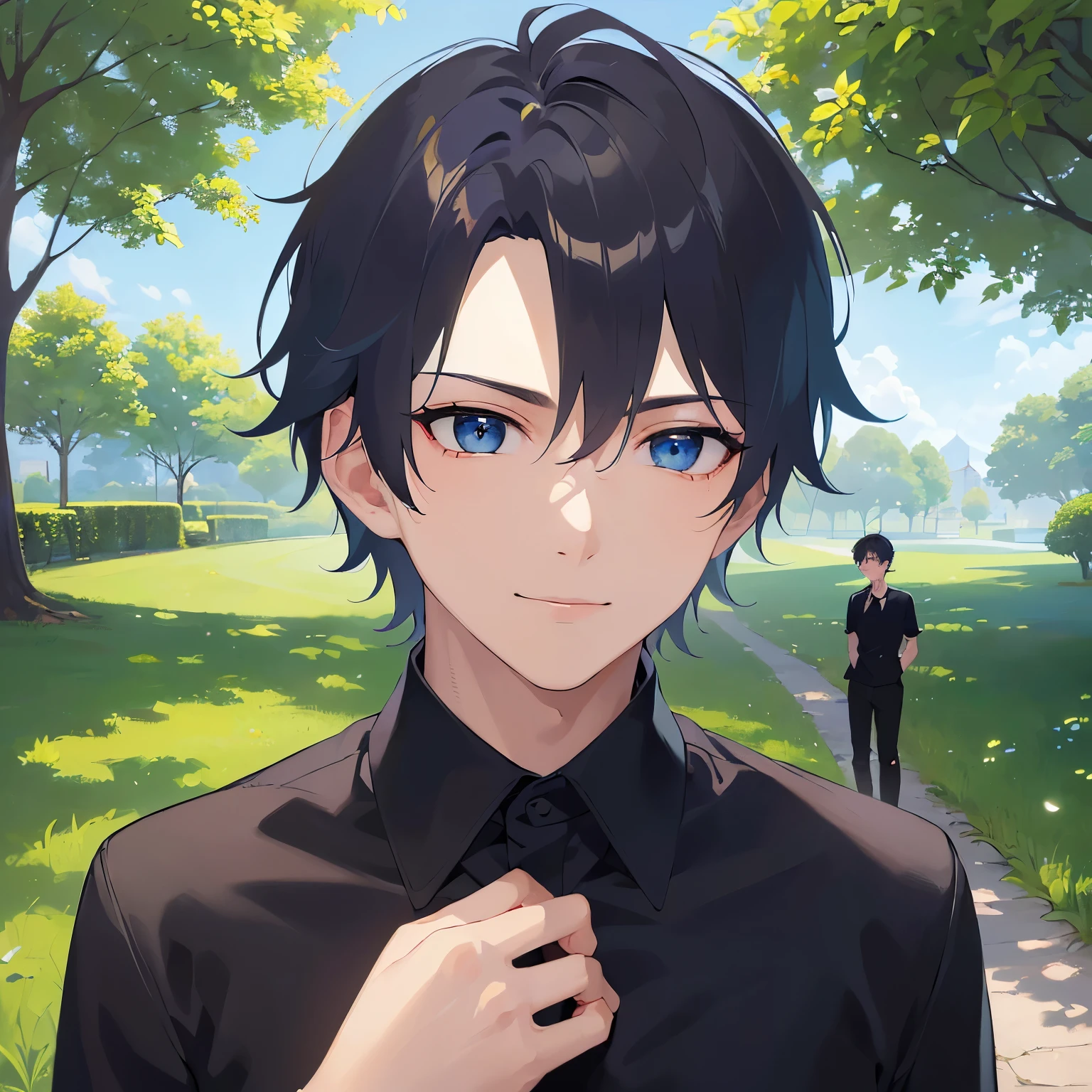 (looking away:1.5),upper body,shiny skin, masterpiece、Highest quality、 (25-year-old male:1.5) and (Black short hair) and (blue eyes), (black collared shirt:1.5)、 smile,park,(alone:1.5)、grass,blue sky