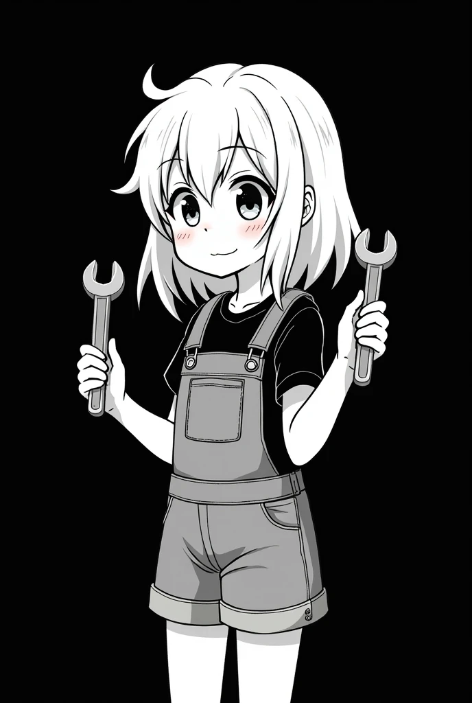 White pen on a black background。
No grey, just black and white。
White-haired girl wearing overalls。
Anime-style hair is medium length。
Holding a wrench tool in each hand。