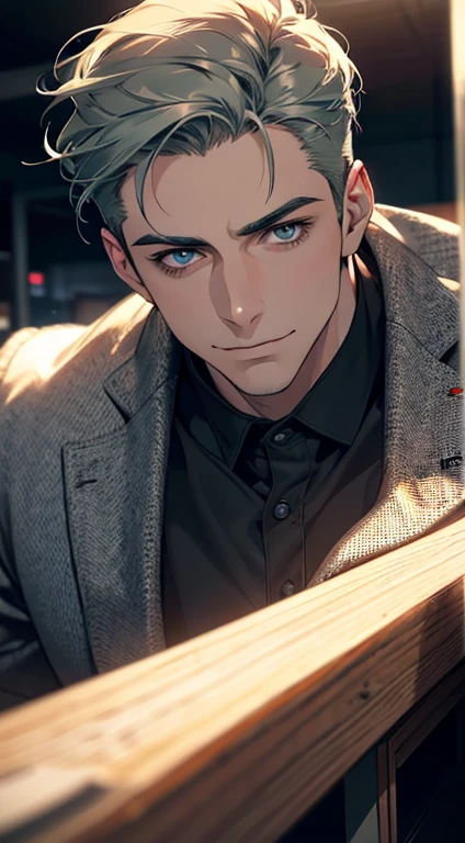 (best quality,4k,8k,highres,masterpiece:1.2),ultra-detailed,(realistic,photorealistic,photo-realistic:1.37),1 man,31 years old,mature man,very handsome,without expression,smile,short grey green hair,blue eyes,penetrating gaze,perfect face without errors,imposing posture,businessman,office background,cinematic lighting,hdr image