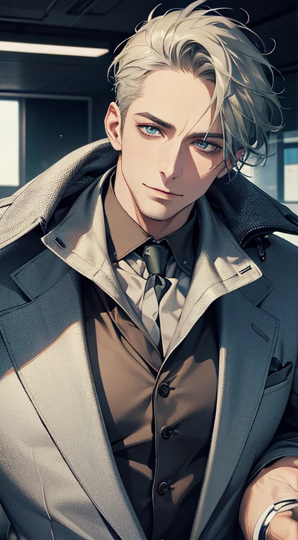 (best quality,4k,8k,highres,masterpiece:1.2),ultra-detailed,(realistic,photorealistic,photo-realistic:1.37),1 man,31 years old,mature man,very handsome,without expression,smile,short grey green hair,blue eyes,penetrating gaze,perfect face without errors,imposing posture,businessman,office background,cinematic lighting,hdr image