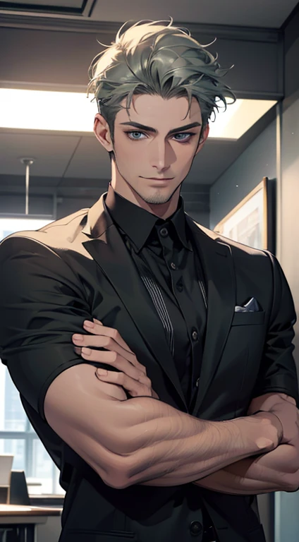 (best quality,4k,8k,highres,masterpiece:1.2),ultra-detailed,(realistic,photorealistic,photo-realistic:1.37),1 man,31 years old,mature man,very handsome,without expression,smile,short grey green hair,blue eyes,penetrating gaze,perfect face without errors,imposing posture,businessman,office background,cinematic lighting,hdr image