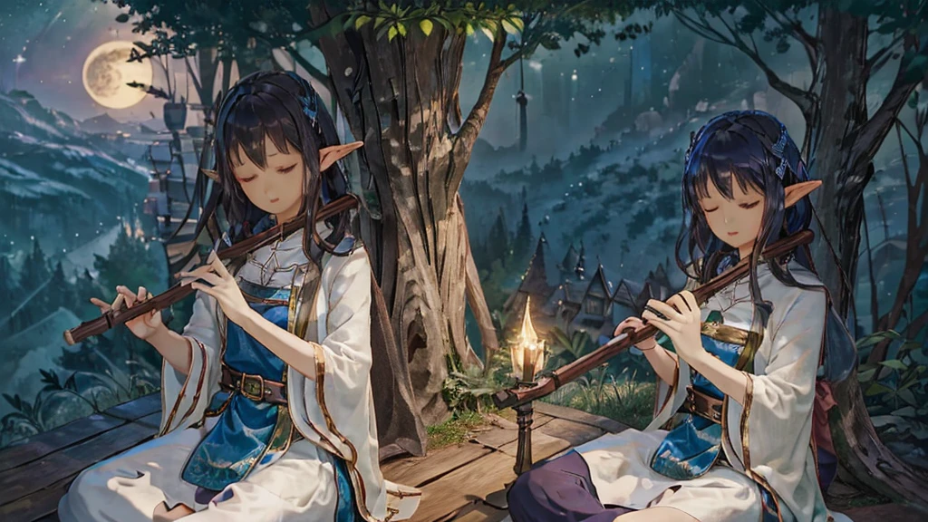 (((From diagonally left behind))), solo, Elf girl playing a wood flute while sitting gracefully on a tree branch ,elf girl sitting left, panoramic night landscape,  town in the forest can be seen, with charming houses, winding streets illuminated by moonlight, closed eyes, she wear long witch outfit