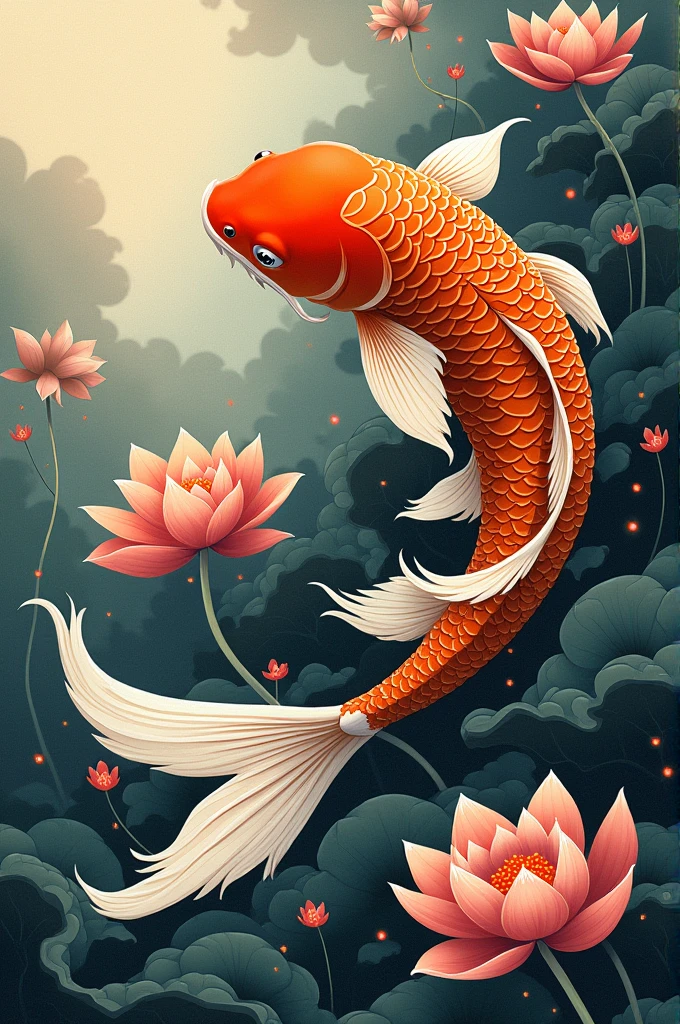 Koi fish inspired by Koson Ohara, looking up to the left, lotto flower, Kanagawa Wave