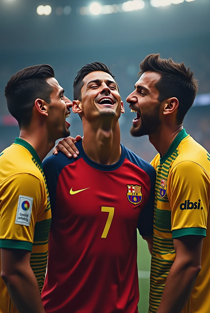 Ronaldo ceies and messi laughing at ronaldo and neymar also laughing at ronaldo