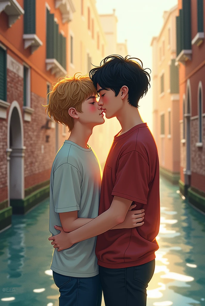  a boy with another boy ,that is to say, a boys love ,and that it is a drawing art style that is full body and one is shorter and has curly blond hair and the other is tall black hair ,with the title of "Rhythms of Venice"He emphasized the Pinterest art style and that both are Korean with the title I already gave,movie cover type , boy and boy I said
