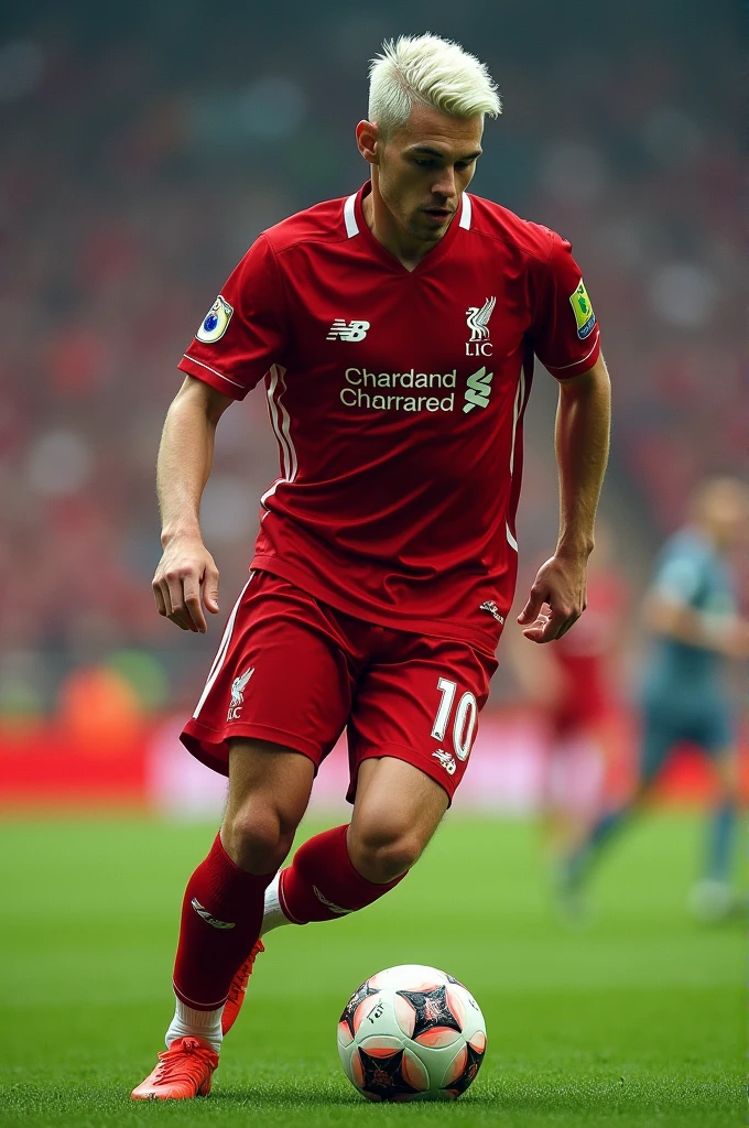 Make me a picture of a player called Santiago Fuentes, that he wears the Liverpool uniform that he has white hair, that is white of skin, that he is a left winger and wears number 10, and carry the ball on his foot in the middle of the field