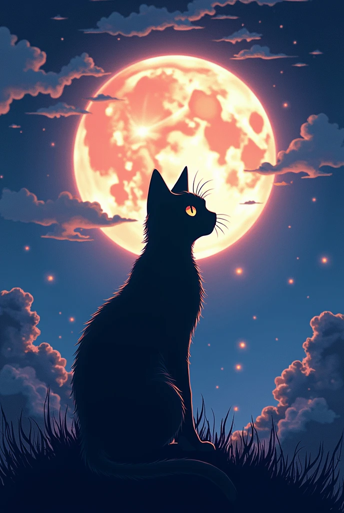 Silhouette of a cat watching the moon at night and it being bright and looking like an anime image
