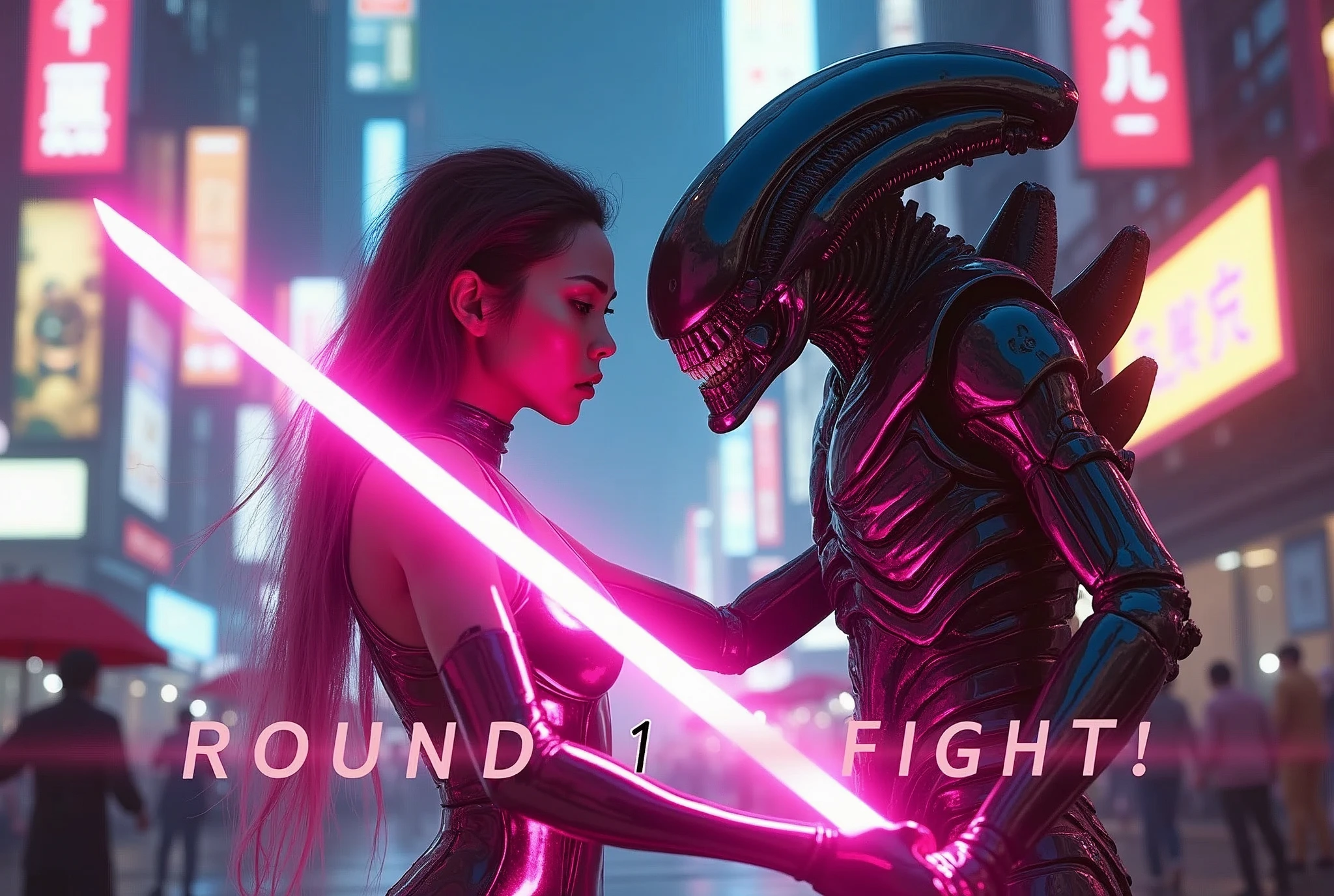 Lucy Liu in a scifi sexy battle suit (pink chrome) wielding a light sword (pink), bubblegum hair, streets of Bangkok challenging an Alien Xenomorph 'ROUND 1 FIGHT!' written in large letters along the bottom of the screen (Alert: only one light sword, only one light sword blade)
