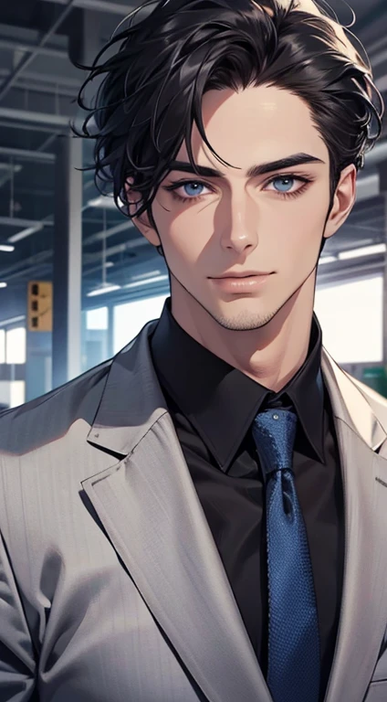 (best quality,4k,8k,highres,masterpiece:1.2),ultra-detailed,(realistic,photorealistic,photo-realistic:1.37),1 man,31 years old,mature man,very handsome,without expression,smile,short grey black hair,blue eyes,penetrating gaze,perfect face without errors,imposing posture,businessman,office background,cinematic lighting,hdr image