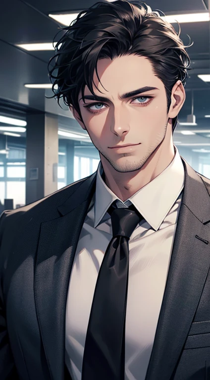 (best quality,4k,8k,highres,masterpiece:1.2),ultra-detailed,(realistic,photorealistic,photo-realistic:1.37),1 man,31 years old,mature man,very handsome,without expression,smile,short grey black hair,blue eyes,penetrating gaze,perfect face without errors,imposing posture,businessman,office background,cinematic lighting,hdr image