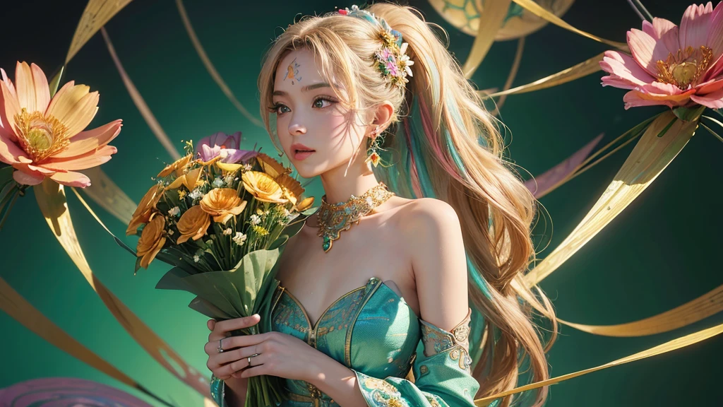 32K, 最高quality, 最高masterpiece, (ultra-Detailed Background, Detailed Background), High resolution, Super detailed, Very detailedな, One girl, (bouquet:1.3), (Tangled:1.2), (Geometric:1.2),(colorful),(masterpiece, quality, best quality, Official Art, Beautiful and beautiful:1.2), (1 girl:1.3), Very detailed,(colorful:1.1)(Flowers:1.3),Most detailed,(Tangled:1.2), whole body, (Abstract background:1.3), (Skin glows), (Many colors:1.4), ,(Earrings Jewelry:1.5), Light green background,