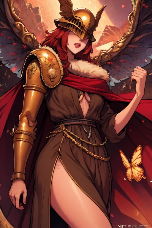 MaleniaDef, red hair, armor, cape, helmet, brown dress, MaleniaRot, wings, coverd eyes, scar, butterfly, bug prothestic leg, single mechanical arm, prosthesis