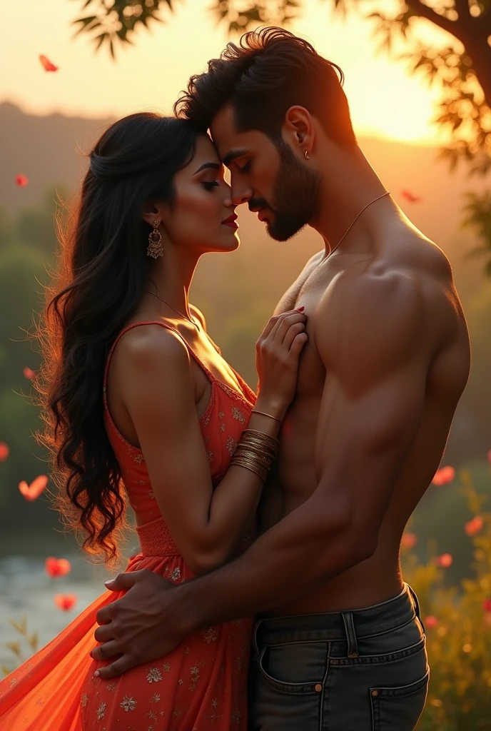 Genrate a  romantic scene of extreme beautiful Indian Punjabi woman with a Indian Punjabi man without shirt 