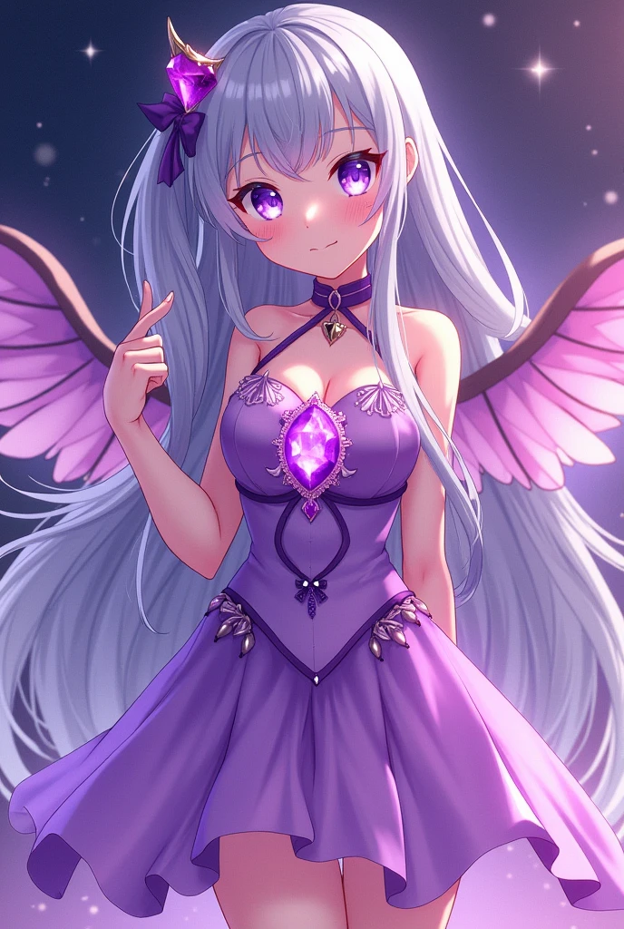 An anime girl, sparkling gem, purple gemstone, long grey hair, pink to purple gradient, detached wings, magical girl style, vibrant colors, anime style