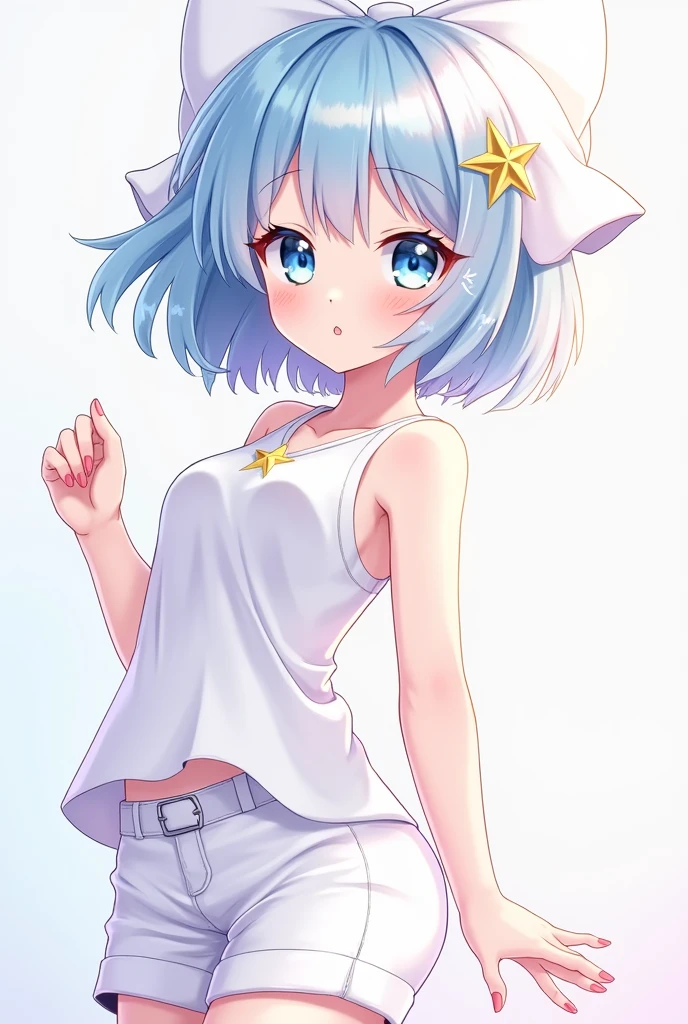 Create a girl with short light cyan hair with a mix of dark blue, wearing a white bow with a star, wearing a white tank top with white shorts dm anime version