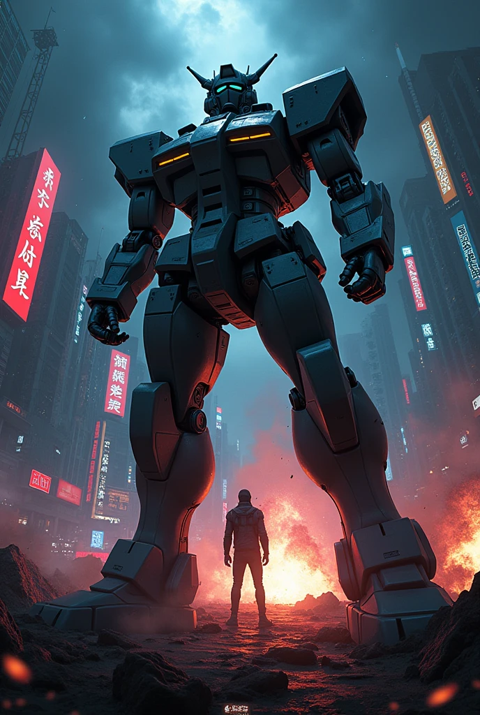 A dystopian cyberpunk anime cover poster, explosions, manga, MLHS title, dark futuristic landscape, armored mecha, neon lights, dramatic poses, hyper-detailed, cinematic, dramatic lighting, moody color palette, high-contrast