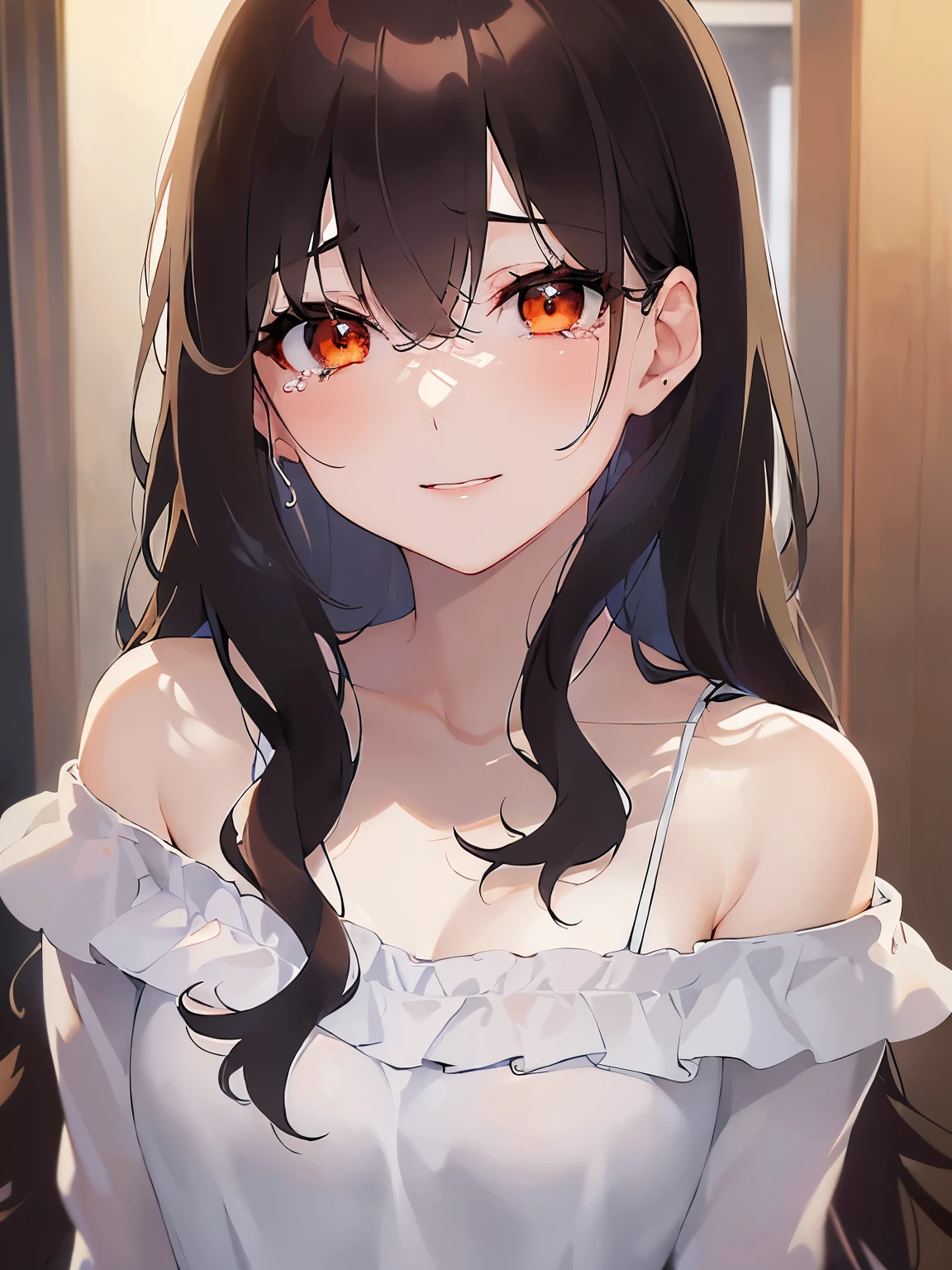 covering mouth with hand, (night:1.5), upper body、 (pale skin: 1.2), shiny skin, shiny hair、(A 25-year-old woman with medium-length hair and bangs) and (wavy hair) and (brown hair) and (orange eyes) and (half closed eyes), (white) and (off shoulder blouse), smile, (tears:1.1), The background is a hotel room、Alone、Are standing