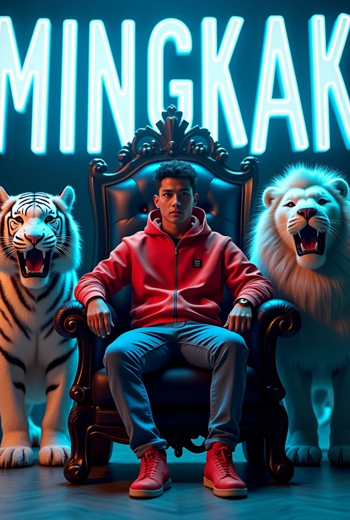 Create a 3D illusion for an 18-year-old Indonesian boy&#39;s profile photo, red jacket, Sit back and relax on the Throne Chair of the King of Beasts. looking ahead And a fierce white tiger, and the lion by my side. Wearing sneakers, he looked ahead. The background features “MINGKAK” in big, bold blue neon lights. […]