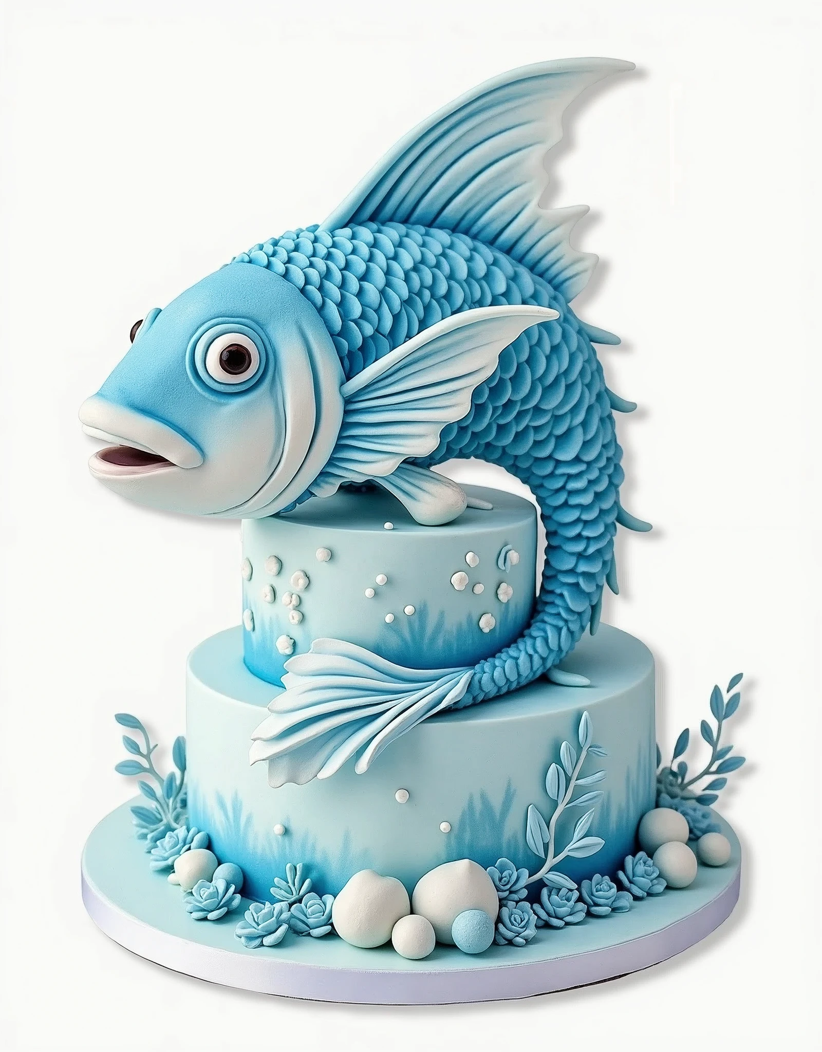 ornament fish, at an enormous  cake, (ornament fish), Detailed Sticker of fancy blue cake,, white, light colors, light whiter In a watercolor style, Soft light colors,