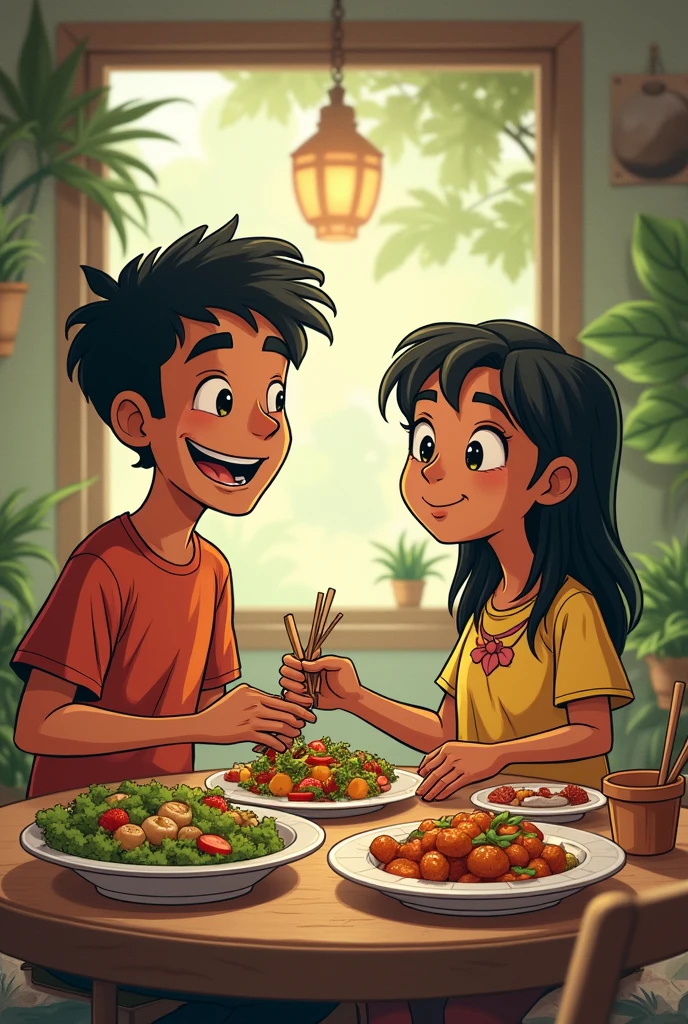 Create a comic image with Alex a young man from the modern city and Maita, a young girl from the traditional village, Alex and Maita are at a table sharing a meal, Combining traditional dishes with modern ingredients.