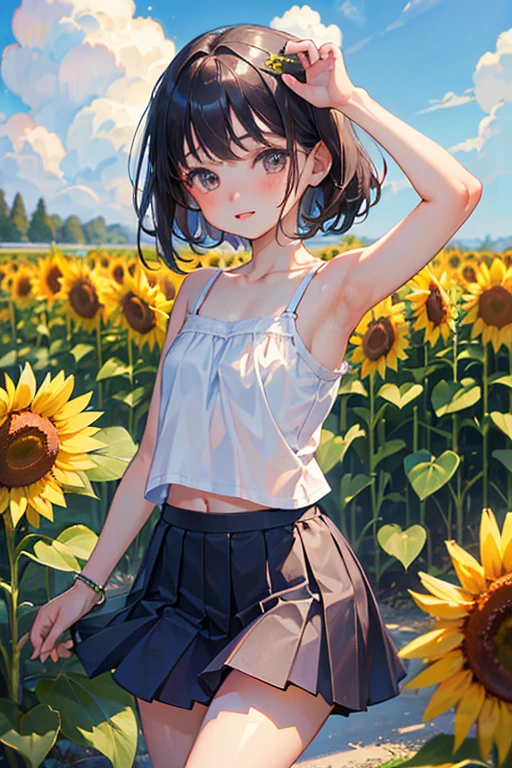 ((Highest quality)), ((masterpiece)), (Familiar), Perfect Face,Japanese,9 years old,girl,cute,Primary school students,Midsummer,camisole,Tank top,Bare skin to avoid，mini skirt,Sunflower field,mesh,Sweat,Bold Pose